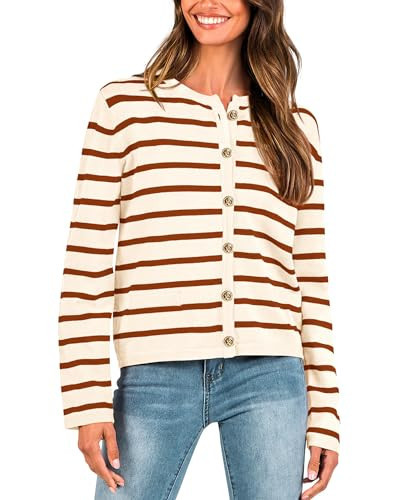 BTFBM Women's Cardigans Sweater 2024 Fall Striped Long Sleeve Button Down Crop Open Front Knit Outerwear Deco Pockets(Striped Beige Caramel, X-Large) | Amazon (US)