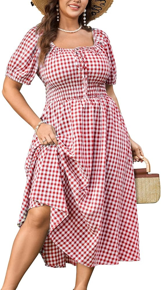 SCOMCHIC Women's Plus Size Maxi Dress Square Neck Plaid Short Sleeve Tie Front Gingham Casual Sum... | Amazon (US)