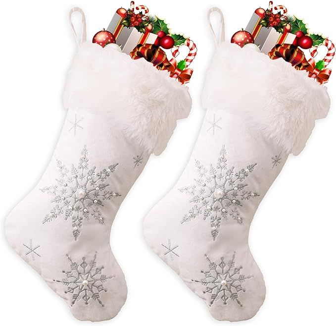 Ushinemi Christmas Stockings Large White Christmas Stocking with Silver Snowflake Cross Stitch, F... | Amazon (US)