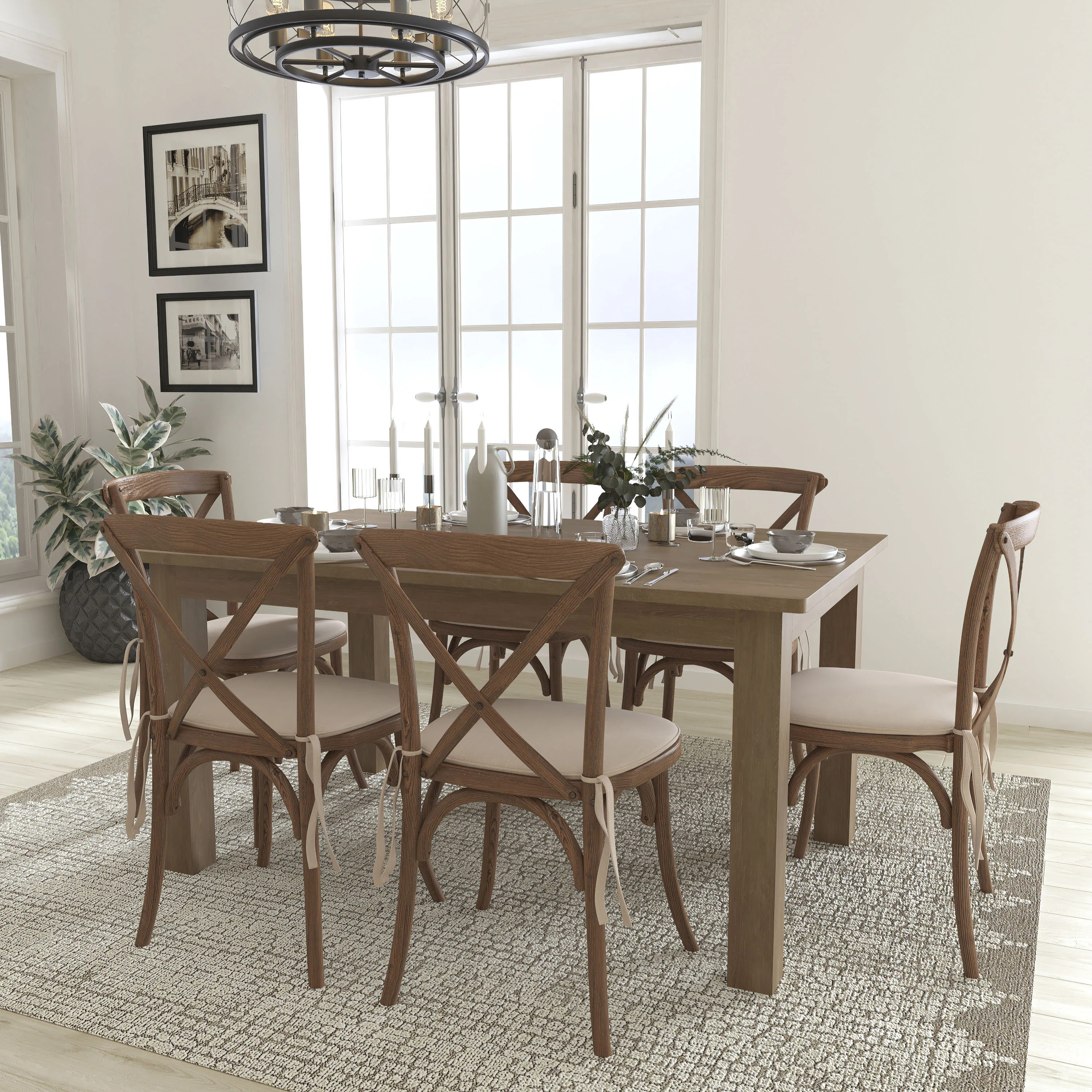 Aylar 60" x 38" Antique Rustic Farm Table Set with 6 Cross Back Chairs and Cushions | Wayfair North America