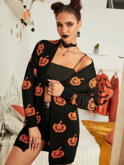 Halloween Pumpkin Pattern Drop Shoulder Open Front Cardigan | SHEIN