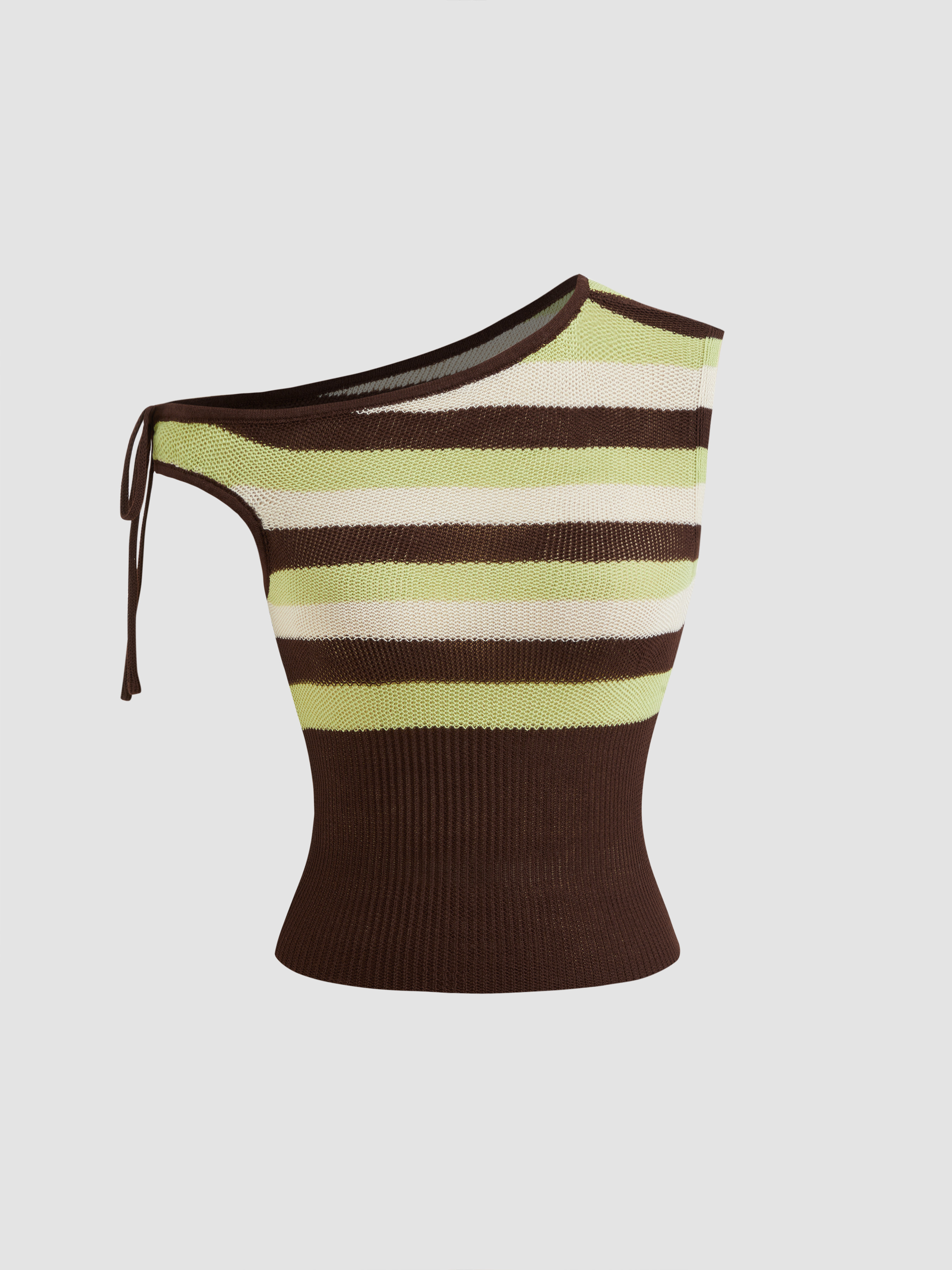Knit Fabric Knit Asymmetrical Neck Stripe Knotted Tank Top For Daily Casual | Cider