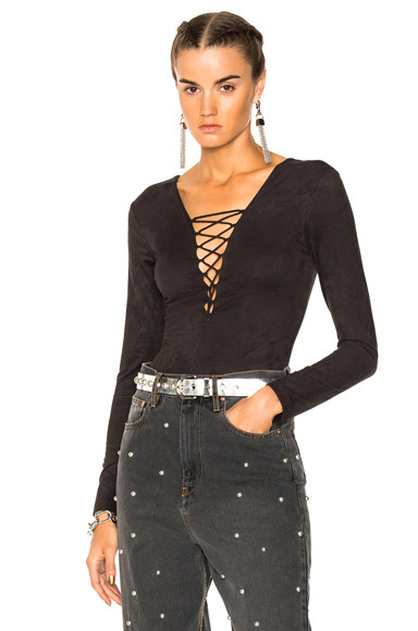 T by Alexander Wang Suede Lace Up Bodysuit in Black, Gray. - size 0 (also in 2,4,6) | FORWARD by elyse walker
