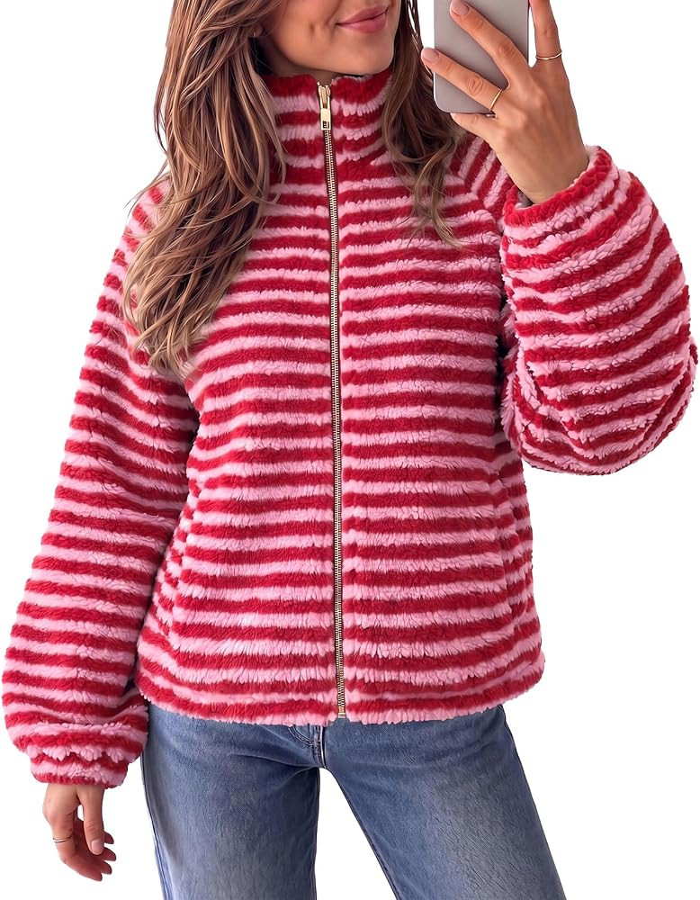 Fisoew Womens Fleece Jacket Zip Up Fuzzy Oversized Sherpa Striped Coat | Amazon (US)