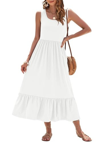 AUSELILY White Dress for Women Square Neck Sleeveless Casual Tiered Maxi Dress with Pockets, White S | Amazon (US)