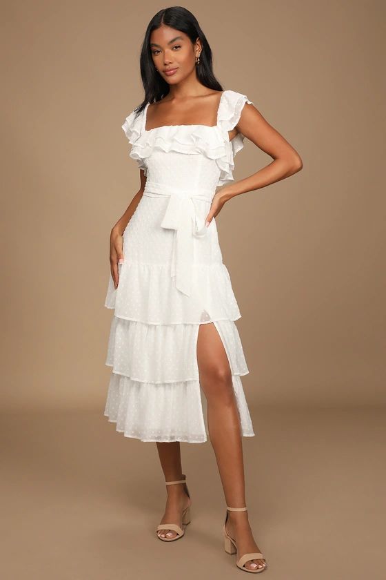 Dear To My Heart White Swiss Dot Tiered Ruffled Midi Dress | Lulus