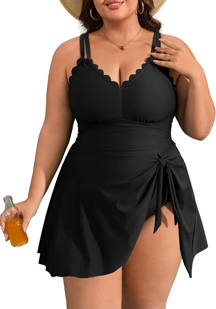 Charmo Plus Size Swimsuit for Women Swim Dress Scalloped One Piece Tummy Control Bathing Suit Ruc... | Amazon (US)