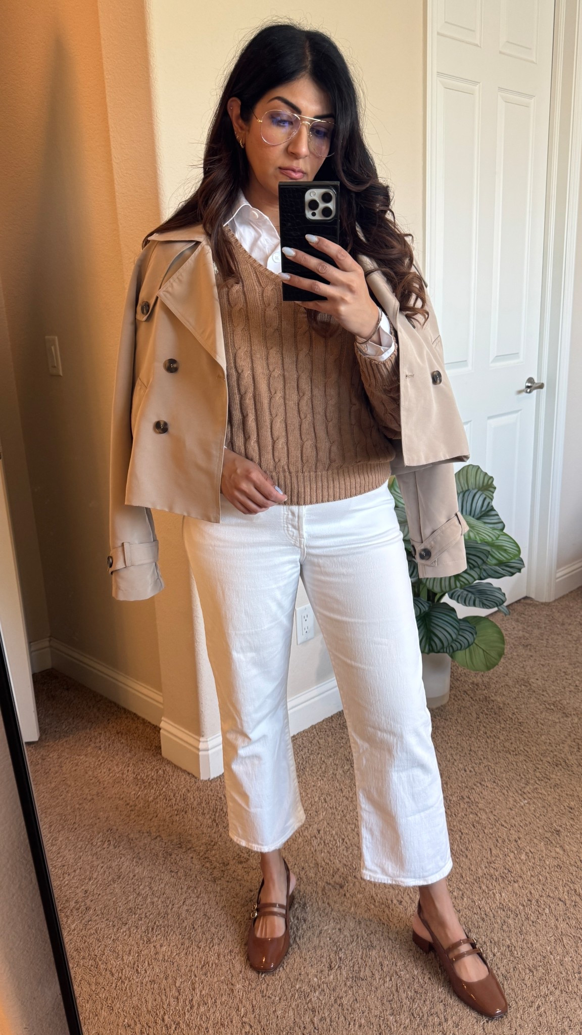 Cable knit sweater, white button down, white jeans,  cropped trench 

Business casual workwear / fall outfits/ classic outfit / Mary Jane work shoes 

#LTKWorkwear #LTKSeasonal #LTKMidsize