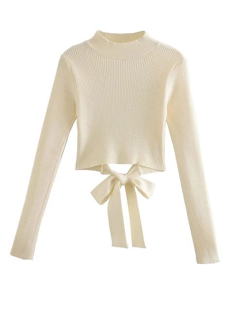 Traf Women Fashion With Bow Tied Cropped Knitted Sweater Vintage Long Sleeve Backless Female Pull... | AliExpress (US)