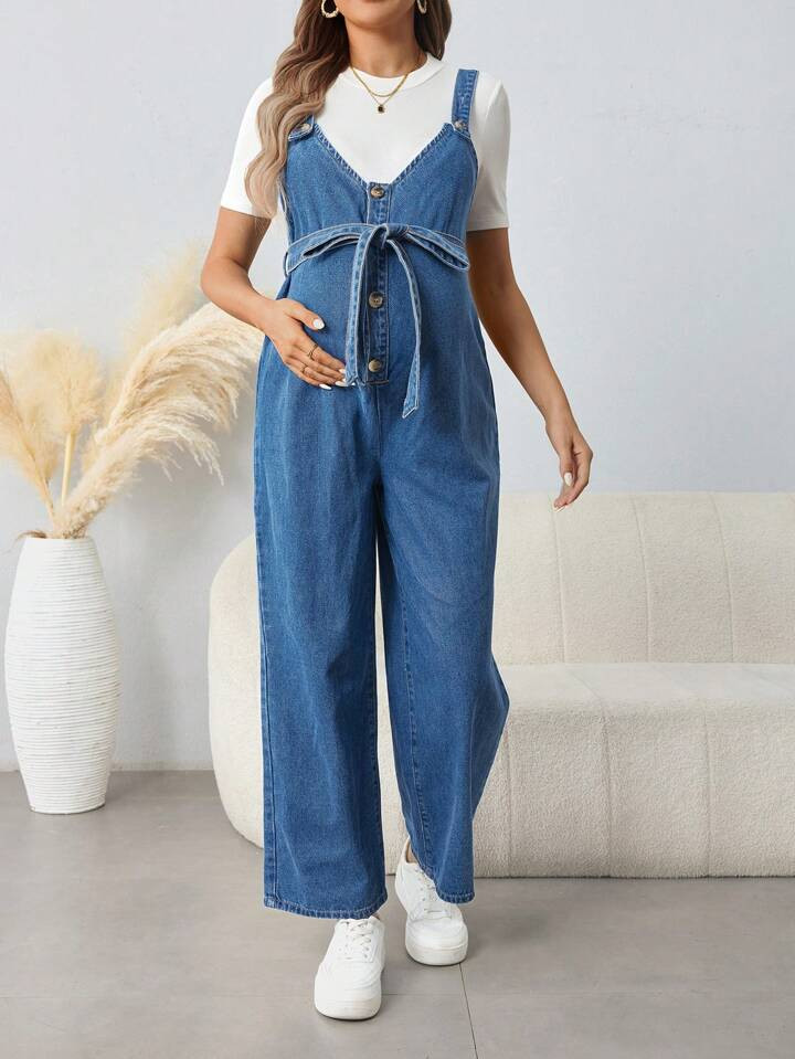 SHEIN Peto vaquero de maternidad, ropa casual de otoño con moño azul | SHEIN
