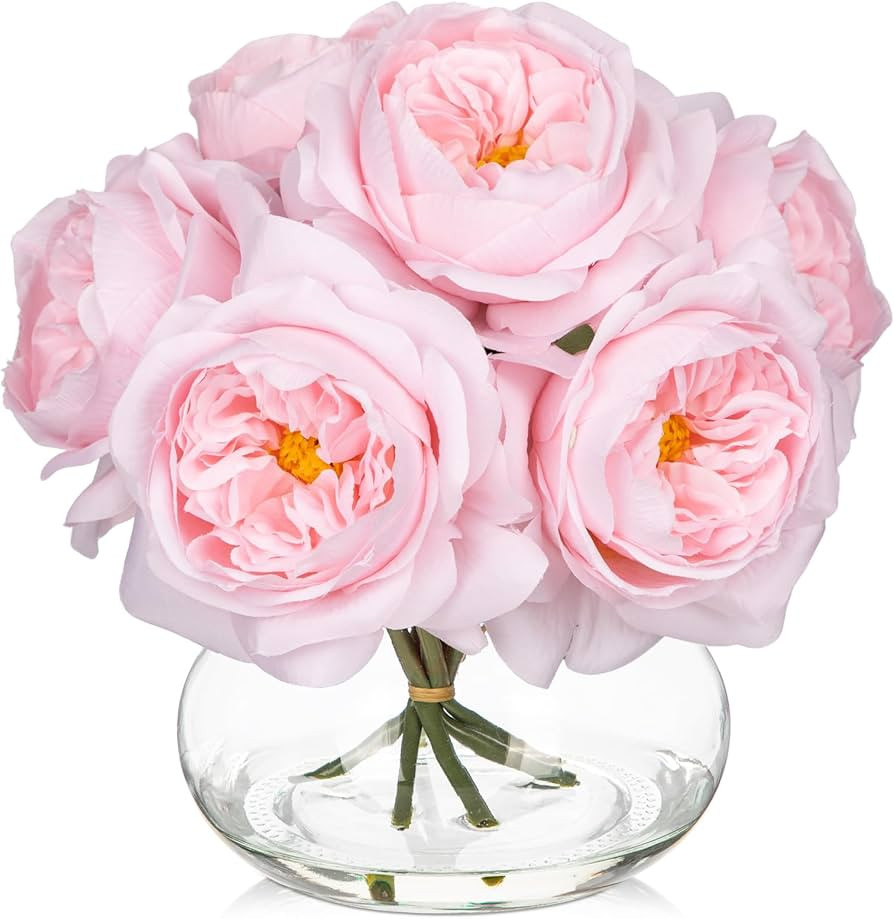 Hollyone Roses Peonies Artificial Flowers with Glass Vase Pink Silk David Austin Roses Faux Flowe... | Amazon (US)