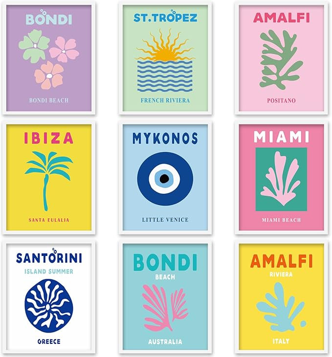 Whaline 9Pcs Preppy Travel Wall Art Prints Abstract Aesthetic Preppy Room Decor Colorful Minimali... | Amazon (US)
