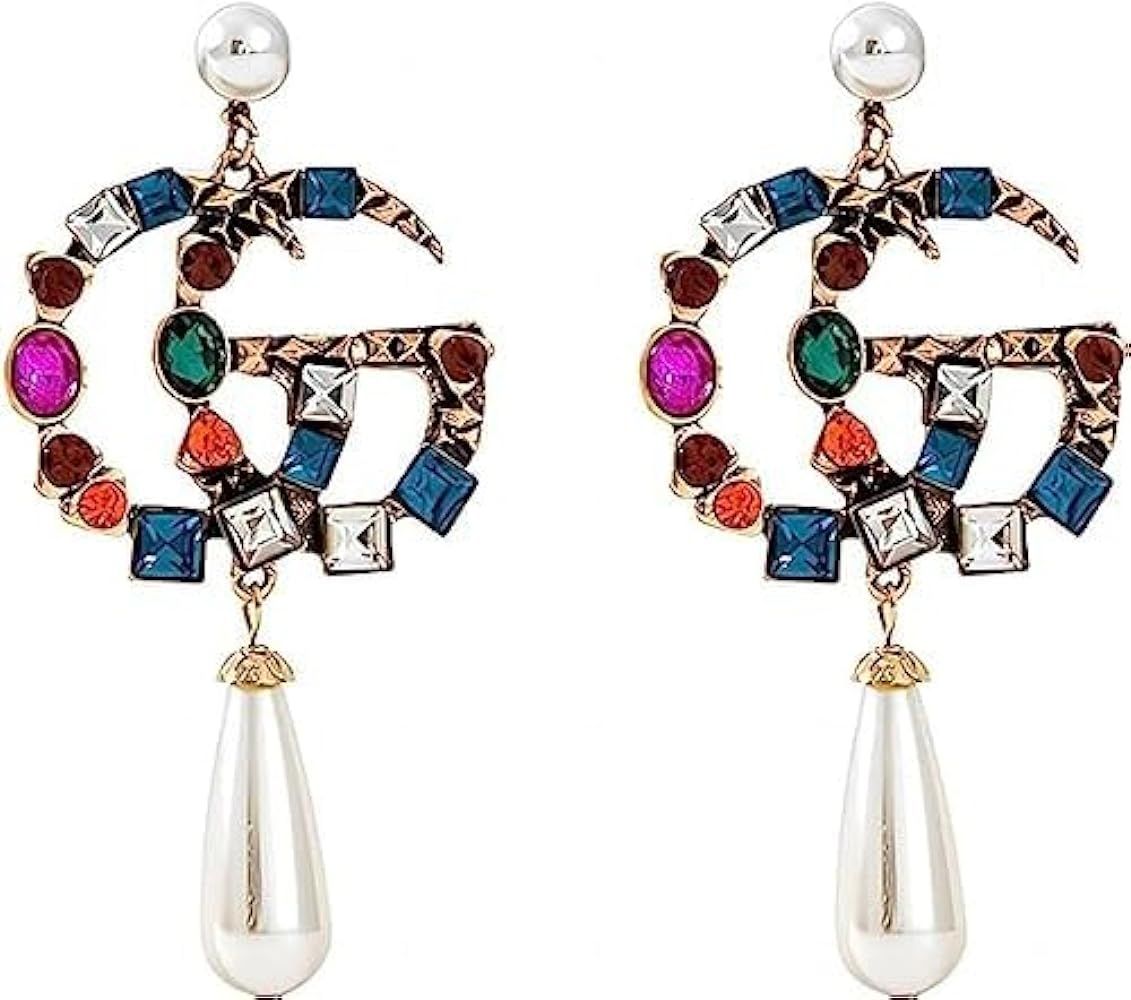 Fashionable G Alphabet Zinc Pearl Earrings with Colorful Crystal Letter Pendant for Women Stud Earri | Amazon (US)