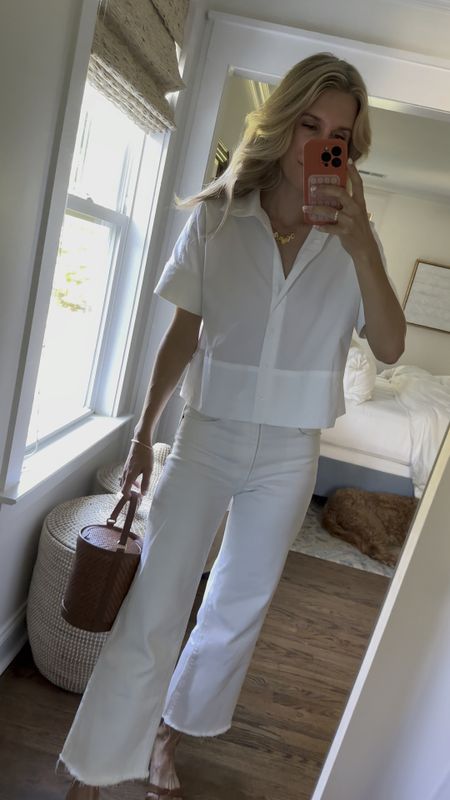 Today’s work outfit— adore this cropped white top. It runs wide and boxy, so size down. This is an XS

White crop jeans (faves from last year!!) size up 1

#LTKstyletip #LTKSeasonal #LTKworkwear