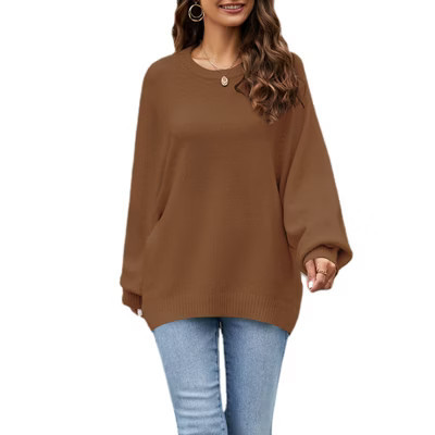 Womens Oversized Sweater Lantern Sleeve Sweater 2025 Fall Outfits Trendy Crew Neck Loose Fit Below Hip Sweater Winter Warm Jumper, Brown - S | Target