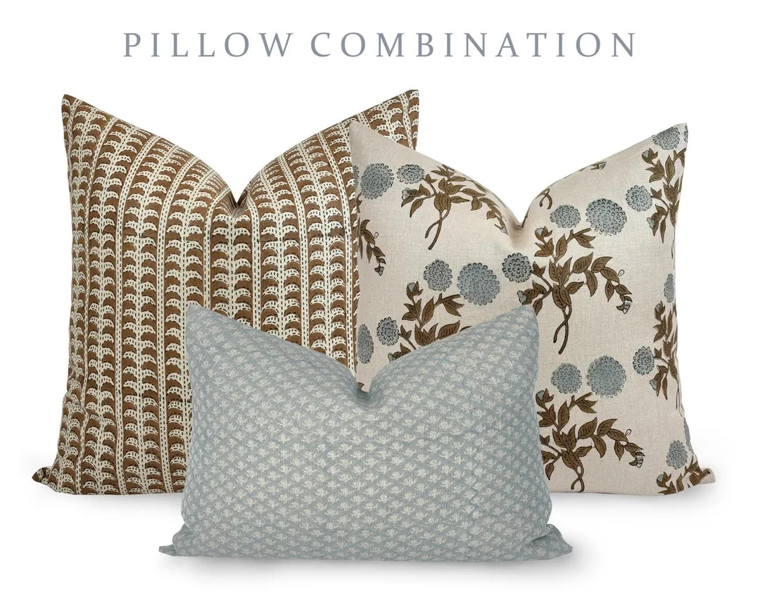PILLOW COMBO | Spring Pillow Combination, Brown Striped Pillow, Floral Blue Pillow, Blue Neutral ... | Etsy (US)