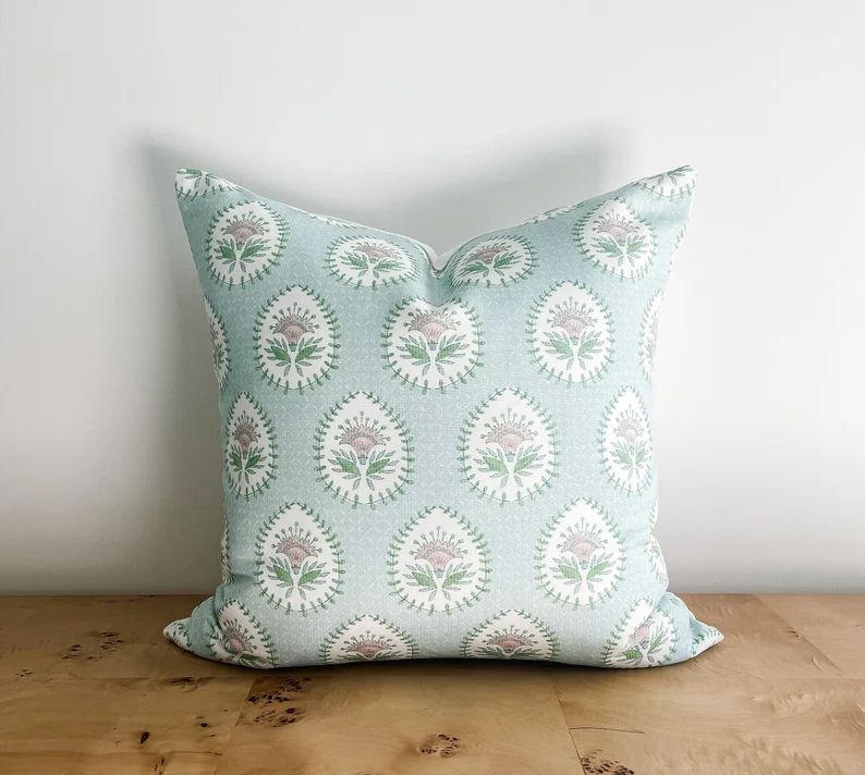 Danika Herrick Daphne Block Print Pillow Cover, Soft AQUA Blue Pink Green CREAM Paisley Grandmill... | Etsy (US)