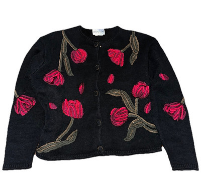 Vintage Floral Embroidered Cardigan Black Knit Sweater Grandma Cottagecore  | eBay | eBay US