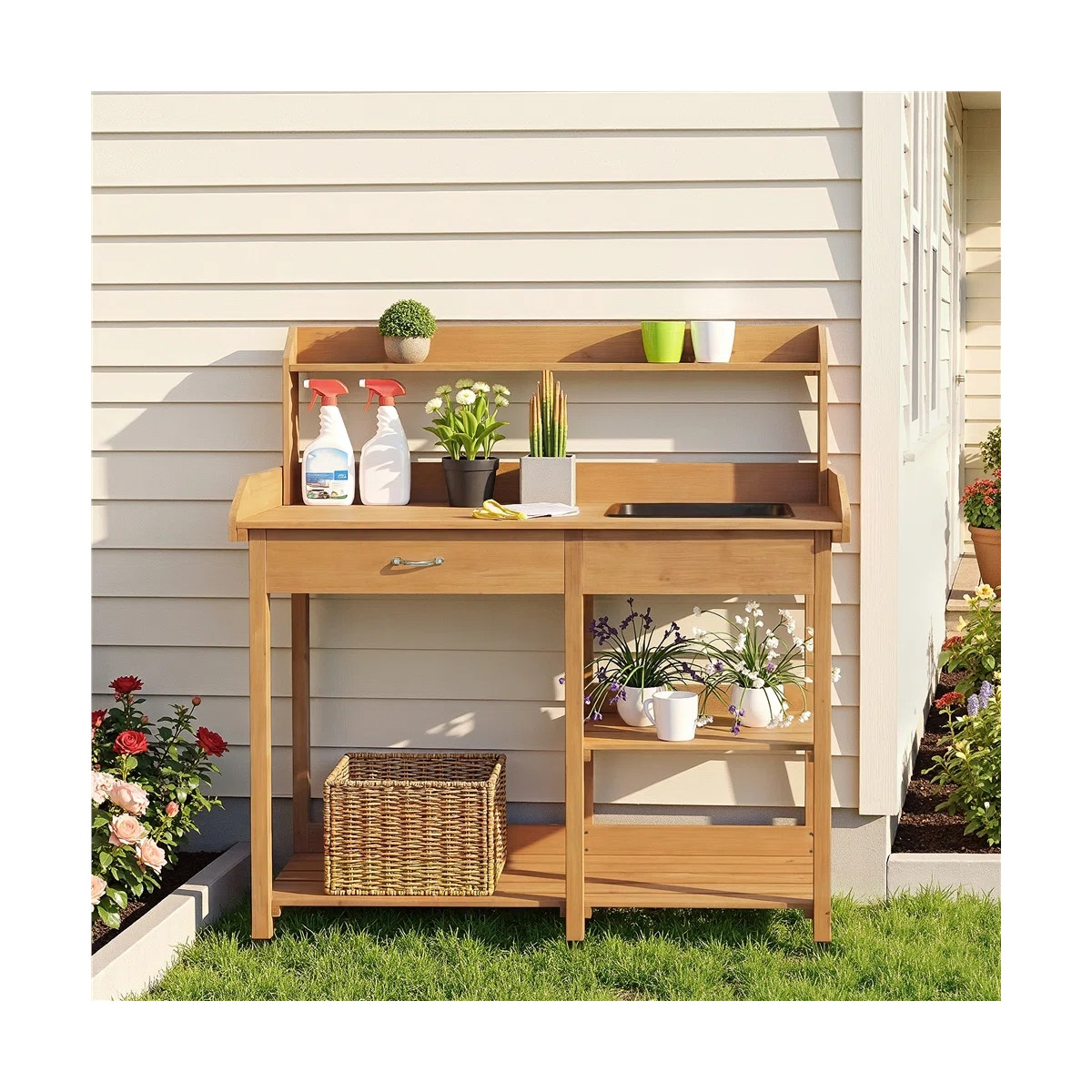 Burroughs Fir Wood Outdoor Potting Bench with Sink Drawer | Wayfair North America