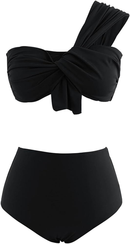 CHICWISH Women's Black/White/Rust Red/Brown Sweet Knot One-Shoulder Bikini Set Swimsuit | Amazon (US)