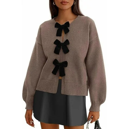 PRETTYGARDEN Cardigan Sweaters for Women Fall Bow Tie Front Long Sleeve Knit Sweater Tops Cute Going Out Outfits | Walmart (US)