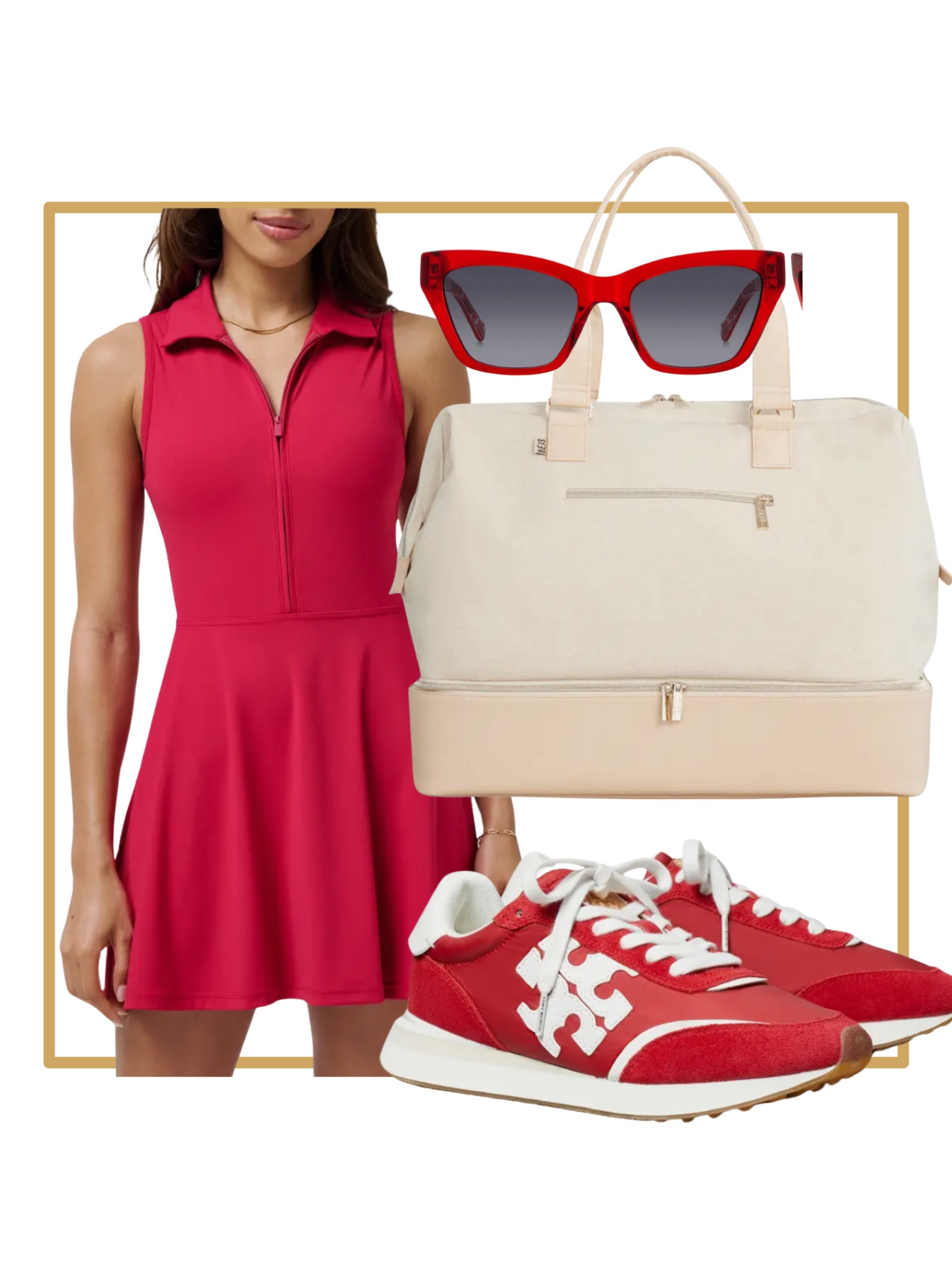 Red sporty summer lounge outfit. Tennis golf pickleball dress. Red Tory Burch sneakers. Beige Beis tote travel bag. Red sunglassess

#LTKSummerEdit #LTKItBag #LTKShoeCrush