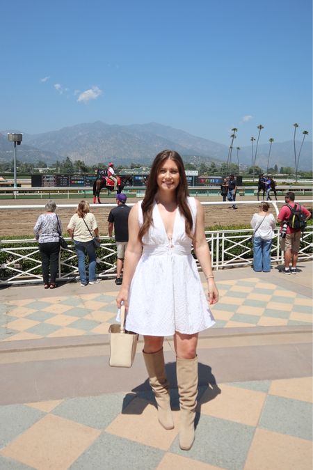 Wore this textured mini dress to the horse races | little white dress | wearing a Small Petite - should have done a small regular for a little bit more length 

#LTKWedding #LTKFindsUnder100 #LTKStyleTip