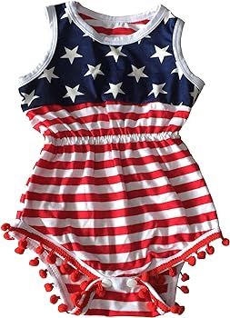 Qin.Orianna 4th of July Toddler Baby Girl American Flag Tassel Romper with Headband | Amazon (US)