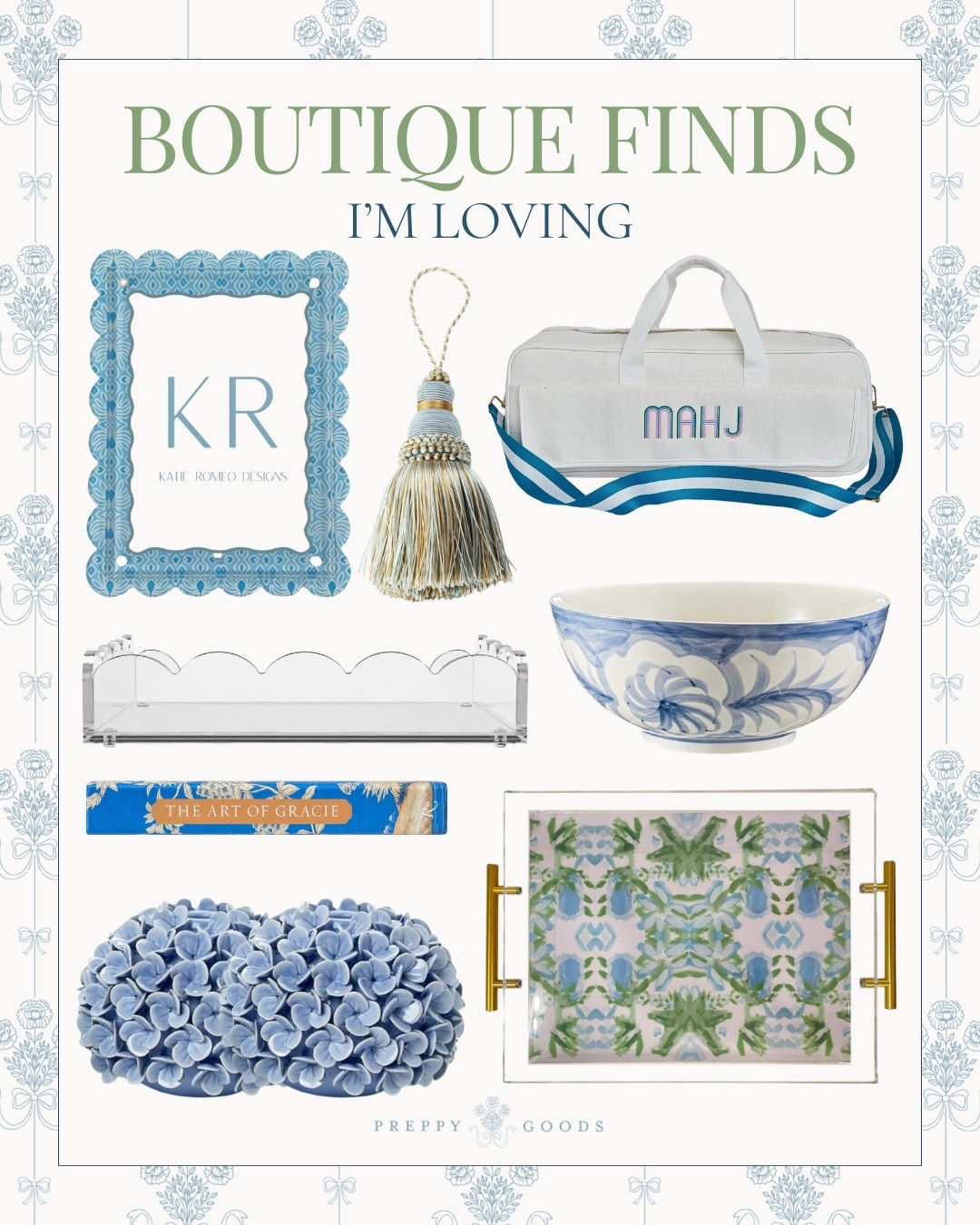 Preppy boutique finds featuring blue and white home decor, scalloped acrylic accessories, a mahjong bag, decorative frames and colorful tabletop accents. Grandmillennial-inspired pieces for styling a bookshelf, coffee table, game room or living space!

#LTKHome