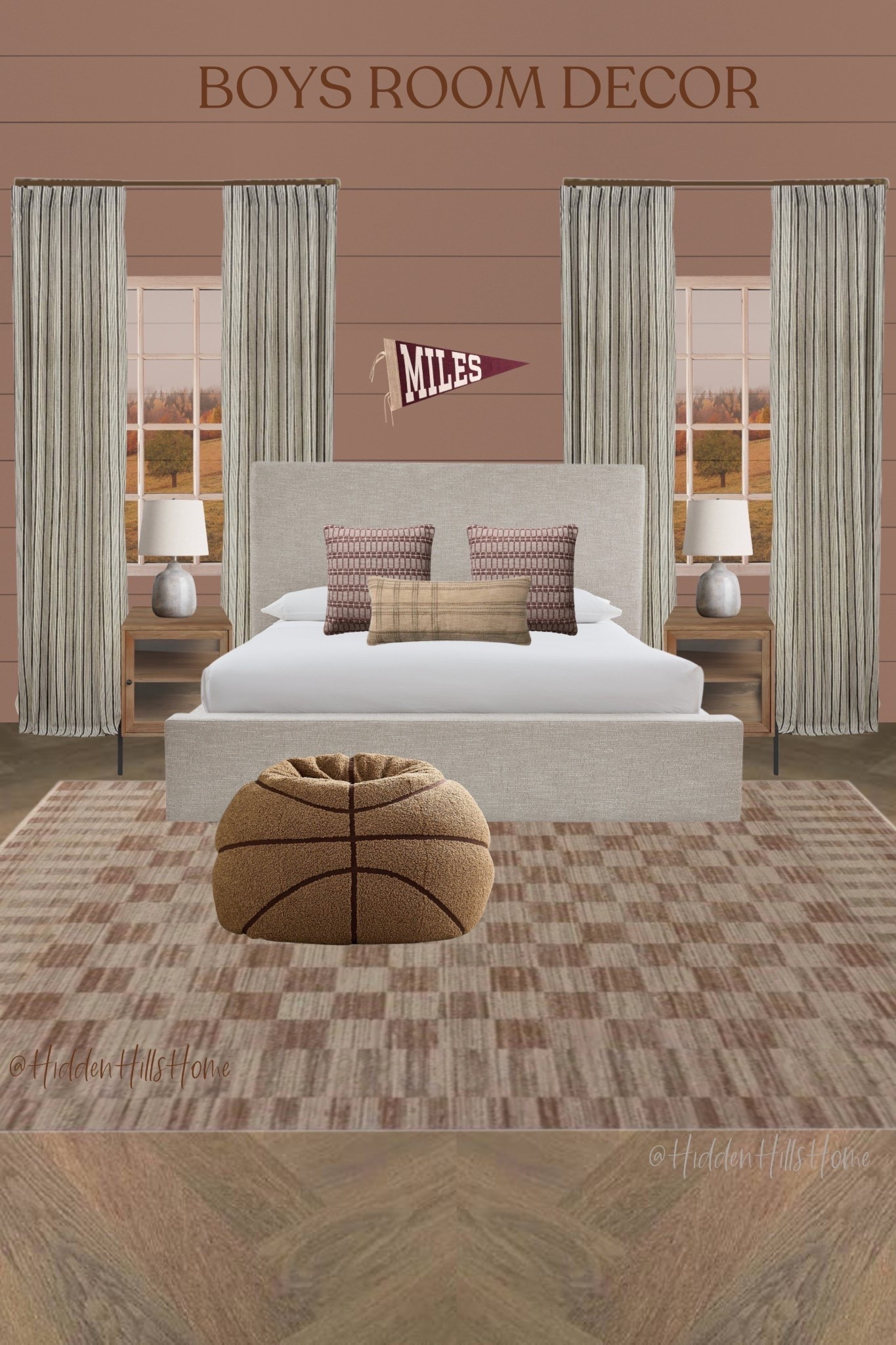 Teen boys bedroom decor, boys room mood board, modern vintage teen bedroom, masculine bedroom, sports themed bedroom design, basketball bedroom decor ideas, nightstands, desk #boysroom
Paint color is SW Moroccan Spice

#LTKHome #LTKSaleAlert #LTKKids