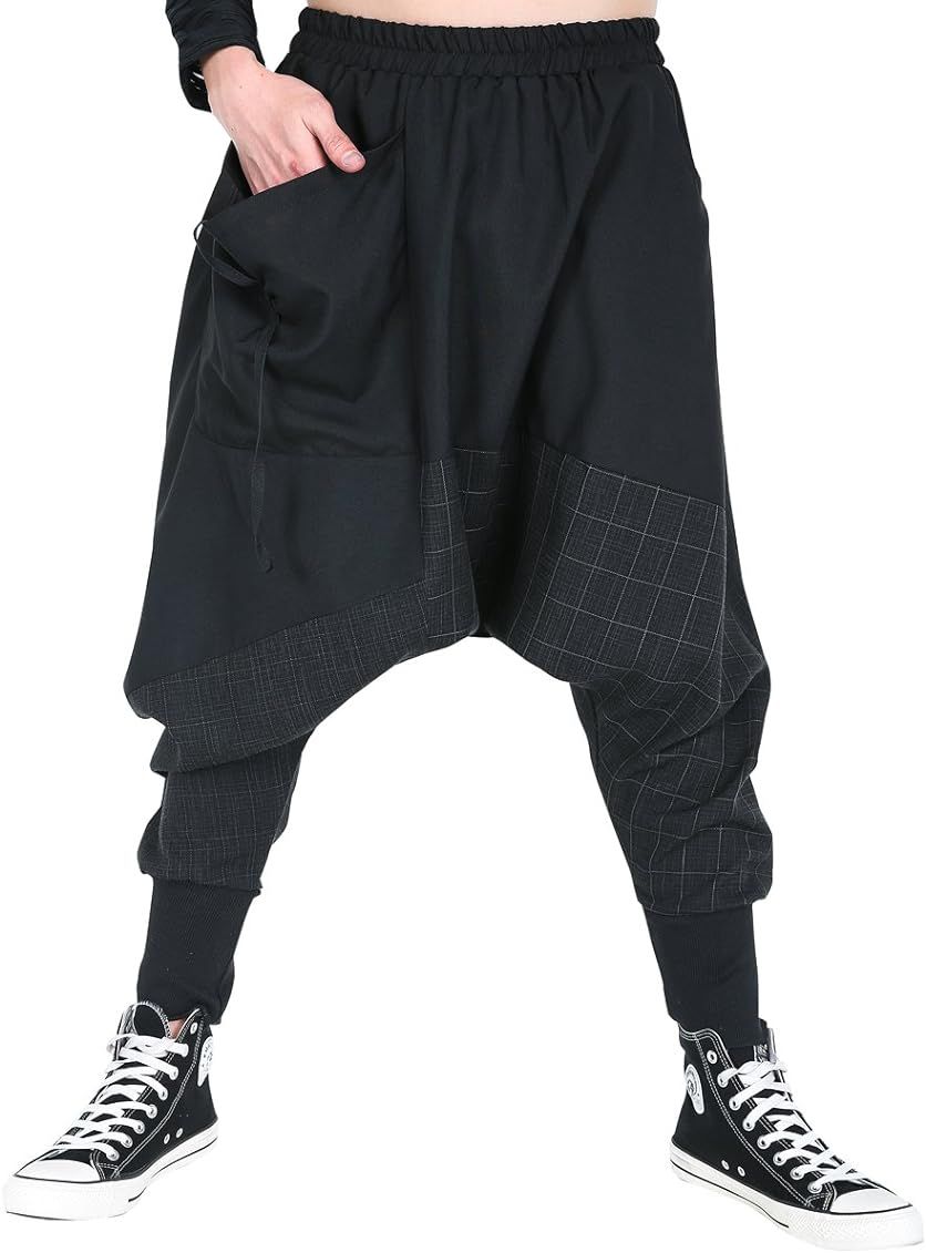 ellazhu Men's Baggy Elastic Waist Drop Crotch Harem Pants GYM188 A | Amazon (US)