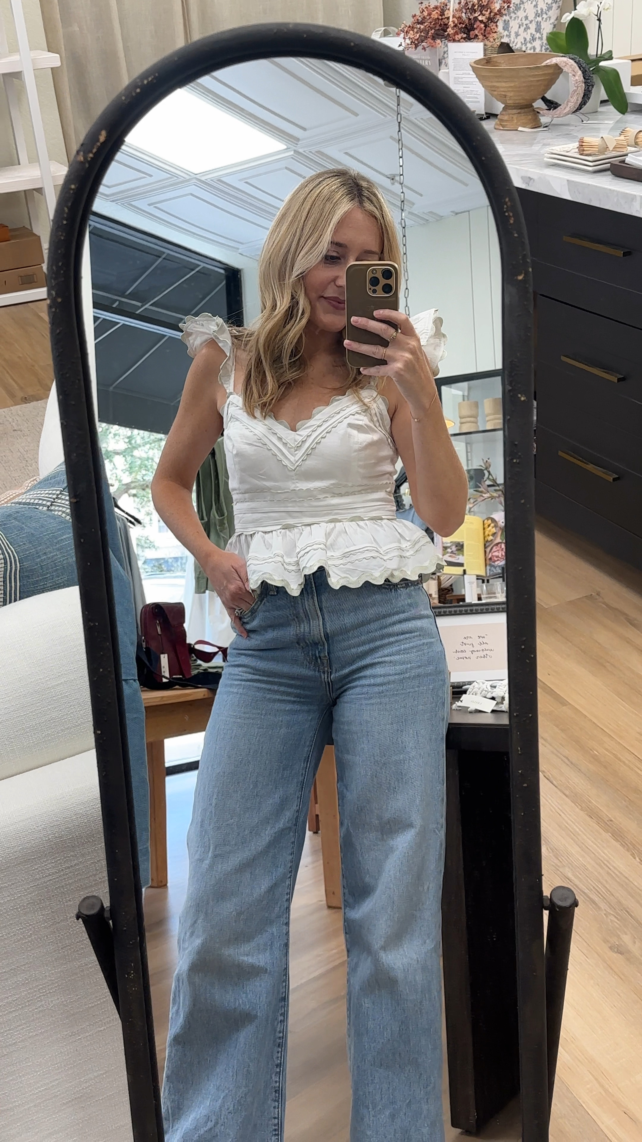 Do not sleep on this flutter sleeve top! So, so cute and can be styled perfectly for Labor Day 🇺🇸

Labor Day outfit inspiration 
Weekend outfit
Summer outfit
White tank
White top
White blouse
Peplum too
Scallop top
Wide leg pants
Denim pants
High waisted pants
Wide leg jeans
High waisted jeans 

#LTKFindsUnder50 #LTKStyleTip #LTKSeasonal