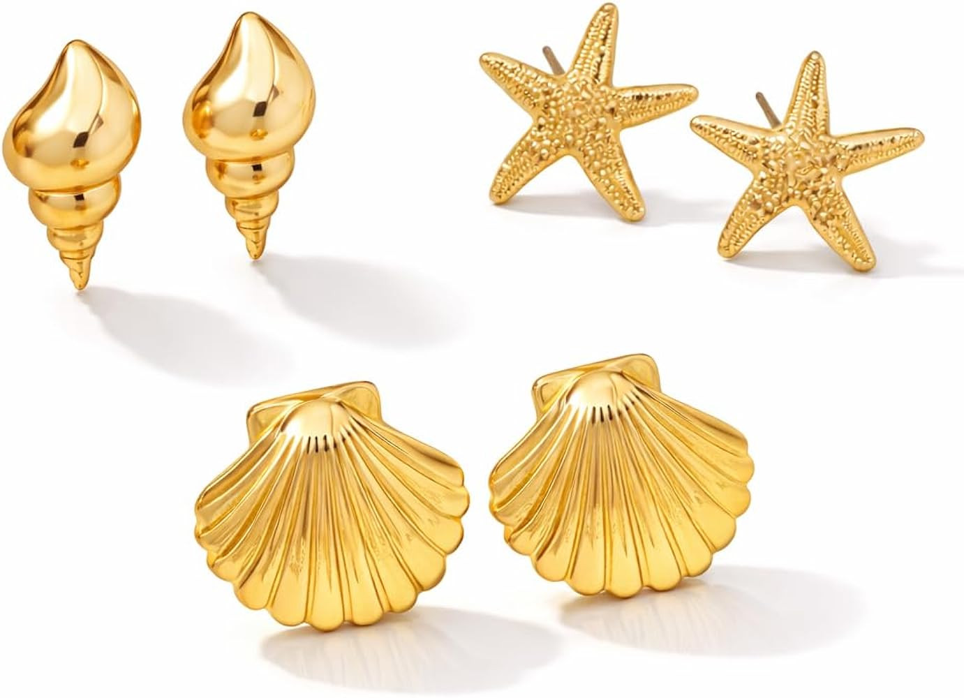 3 Pairs Beach Earrings for Women \u2013 14K Gold Starfish, Conch, and Seashell Stud Earrings Set,... | Amazon (US)