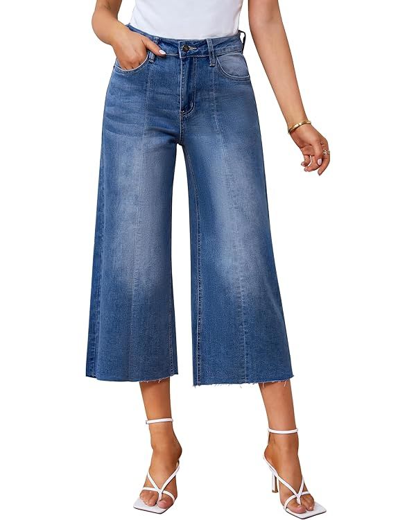 GRAPENT Jean Capris for Women Wide Leg Jeans High Waisted Seamed Front Raw Hem Denim Capri Pants ... | Amazon (US)