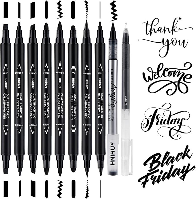 Dual Tip Black Acrylic Calligraphy Pens, 10 Size Calligraphy markes for Writing, Hand Lettering P... | Amazon (US)