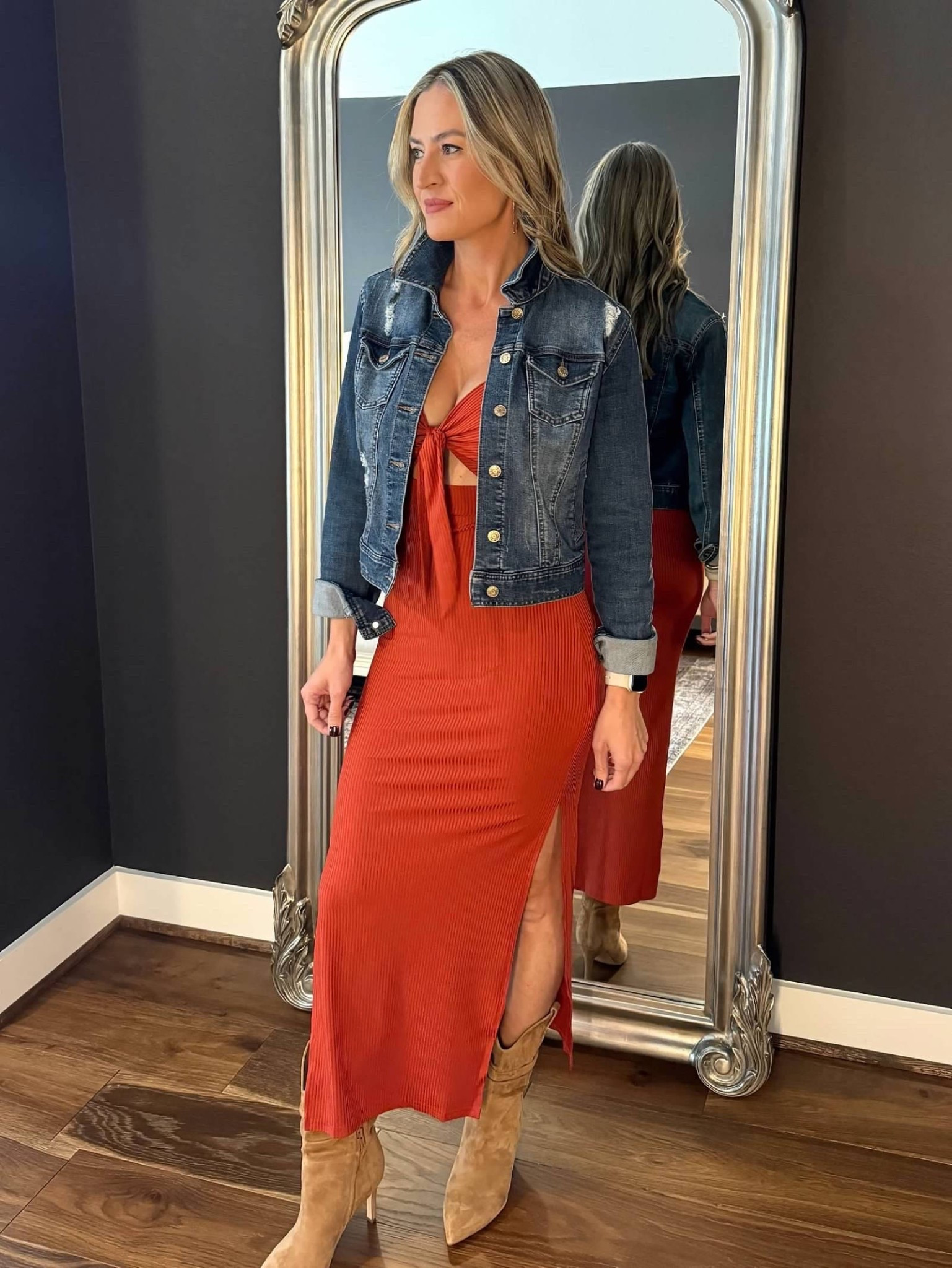 Fall Outfit 🍂

#everypiecefits

Fall style
Rust orange
Midi dress
Denim jacket
Blue Jean jacket
Thanksgiving
Friendsgiving 
Brunch outfit
Brunch dress 
Dinner outfit 
Date night
Boots
Booties 

#LTKFindsUnder50 #LTKSeasonal #LTKOver40
