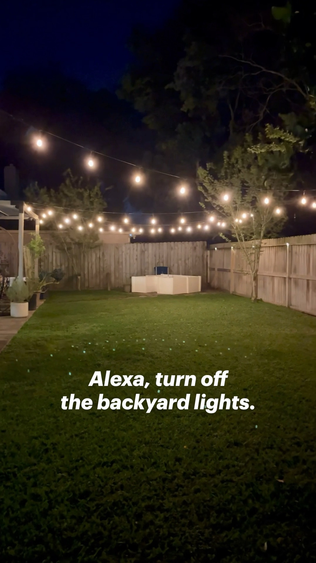The best thing I’ve done recently-
SMART OUTDOOR LIGHTS - Automated Routine/Timer and control via Alexa. 

The lights only come on in our backyard between certain hours I determined we might enjoy them, and only if the conditions are right- not on evenings that are too chilly! That’s smart, but to take it up a notch, our lights have a bedtime that I’ve set for them to auto shut off and and I don’t have to worry about it. 

Also, I can ask Alexa to turn off the Backyard (all smart enabled devices in my yard including the string lights) or just say goodnight Alexa which I’ve programmed to shut off all my lights by voice command. 

Work smarter not harder y’all! And now I’ve got the perfect environment for lounging on the patio thanks to the dimming feature. 

I have also linked the café, light string light poles that I used to hang these as well as the solar fence lights has shown on the far right. 
Related: spring summer entertaining, landscape lighting, outdoor dining, outdoor lighting, family outdoor space, garden party, home and garden 


#LTKVideo #LTKFamily #LTKHome