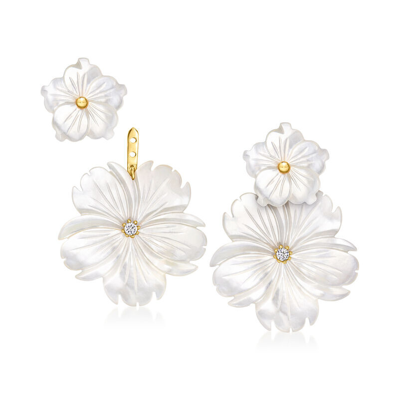 Mother-of-Pearl and .20 ct. t.w. White Topaz Flower Removable Drop Earrings with 18kt Gold Over S... | Ross-Simons