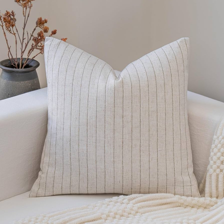FIOUOVO Decorative Neutral Throw Pillow Covers 20x20 Farmhouse Pillow Covers Cotton Stripe Cushio... | Amazon (US)
