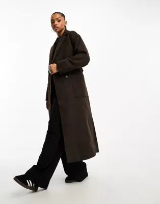Monki belted wool blend double breasted coat in brown melange | ASOS (Global)