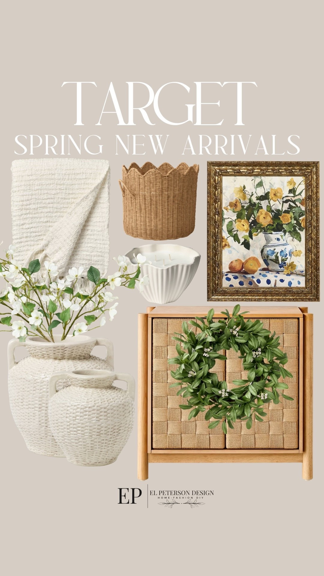 Target
Spring New Arrivals 
Blanket
Vase
Stems
Wreath
Accent cabinet
Artwork
Basket
Candles

#LTKHome