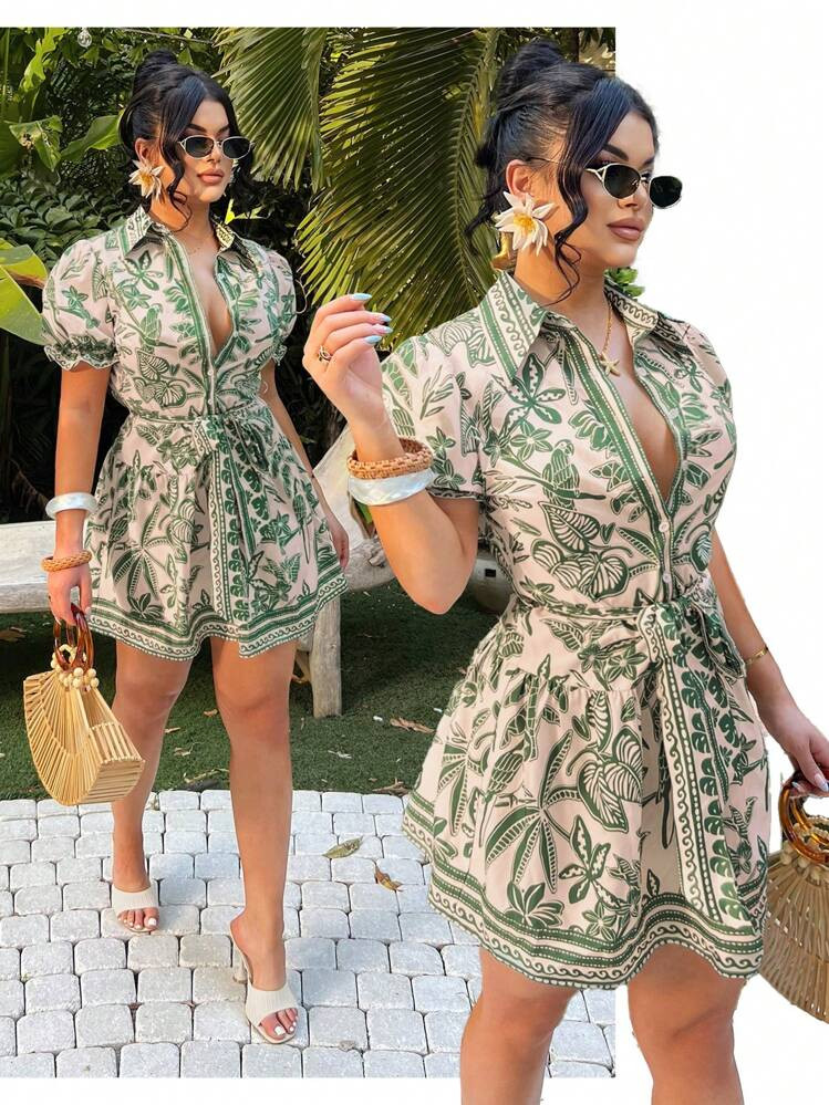 SHEIN SXY Boho Single-Breasted Tie-Front Short Sleeve A-Line Dress, Women Short Dresses Summer, I... | SHEIN