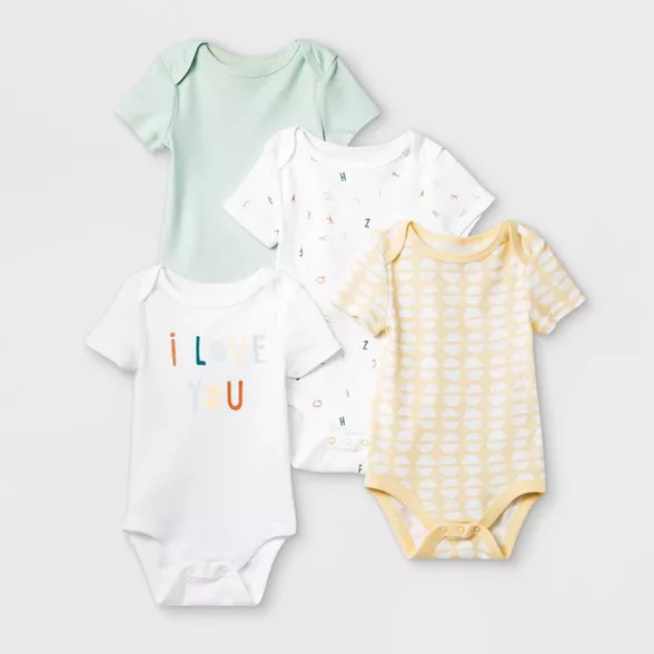 Baby 4pk 'ABC' Short Sleeve Bodysuit - Cloud Island™ Mint/Yellow/White | Target