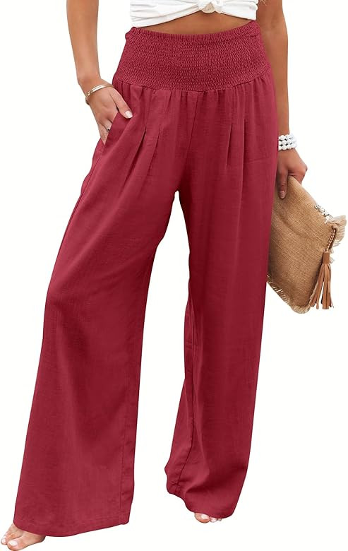 ANRABESS Women Linen Palazzo Pants Summer Boho Wide Leg High Waist Casual Lounge Pant 2025 Beach ... | Amazon (US)