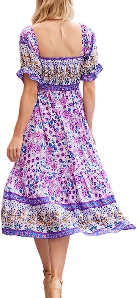 Naggoo Women's Square Neck Bohemian Long Dress Summer Floral Print Ruffle Short Sleeve Beach Part... | Amazon (US)