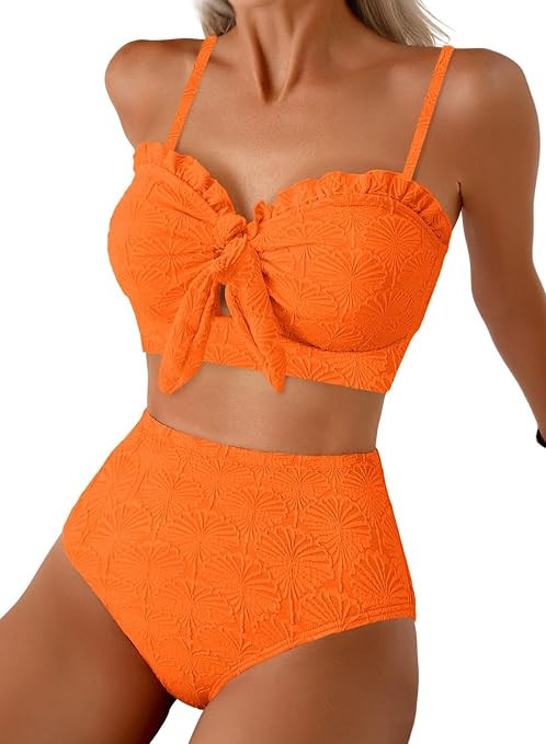 Women's Seashell Textured Bikini Sets Knotted Front 2 Piece Swimsuits Ruffle Trim Bathing Suits | Amazon (US)