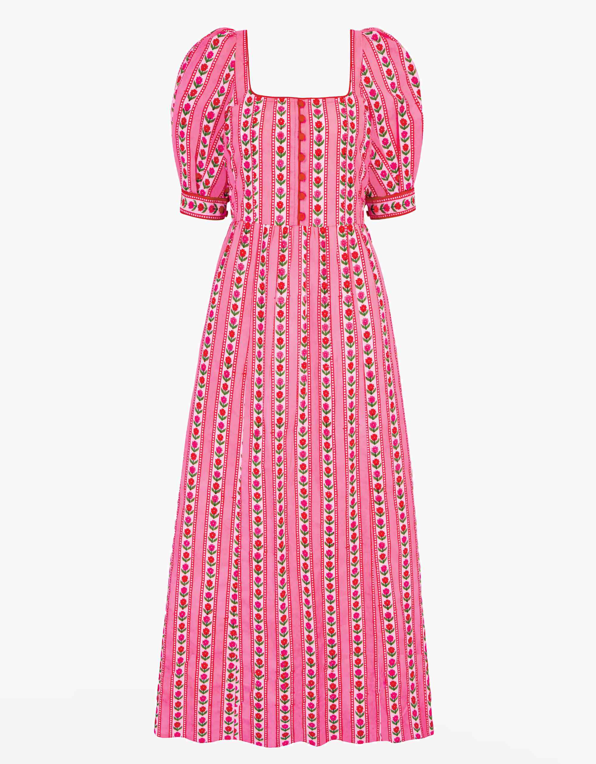 Sierra Dress | Pink, Red, White Floral Midi | Screen Print Cotton | Pink City Prints UK