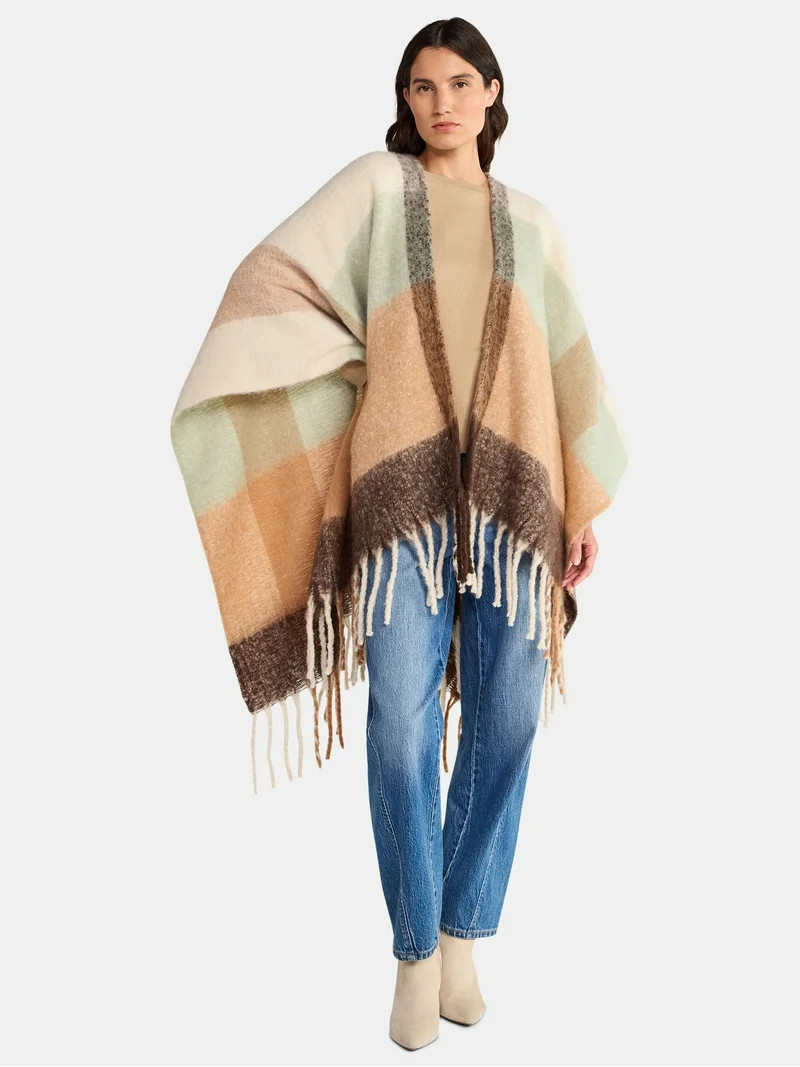 Time and Tru Women's Brushed Border Ruana, One Size Fits Most | Walmart (US)