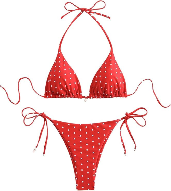 SOLY HUX Women's Polka Dots Print Bathing Suit Halter Triangle Tie Side Bikini Sets Two Piece Swi... | Amazon (US)