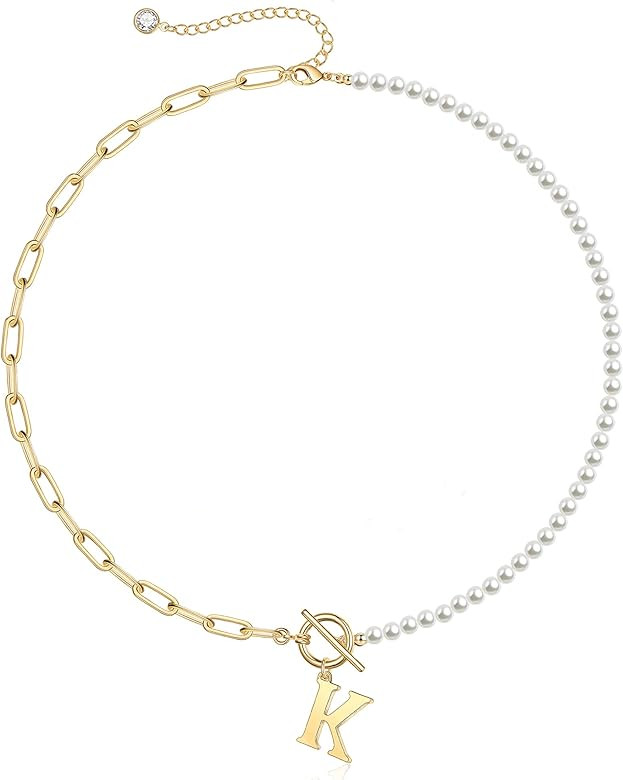 Gold Initial Pearl Necklace for Women, 14K Gold Plated Paperclip Link Chain Necklace Choker Toggl... | Amazon (US)